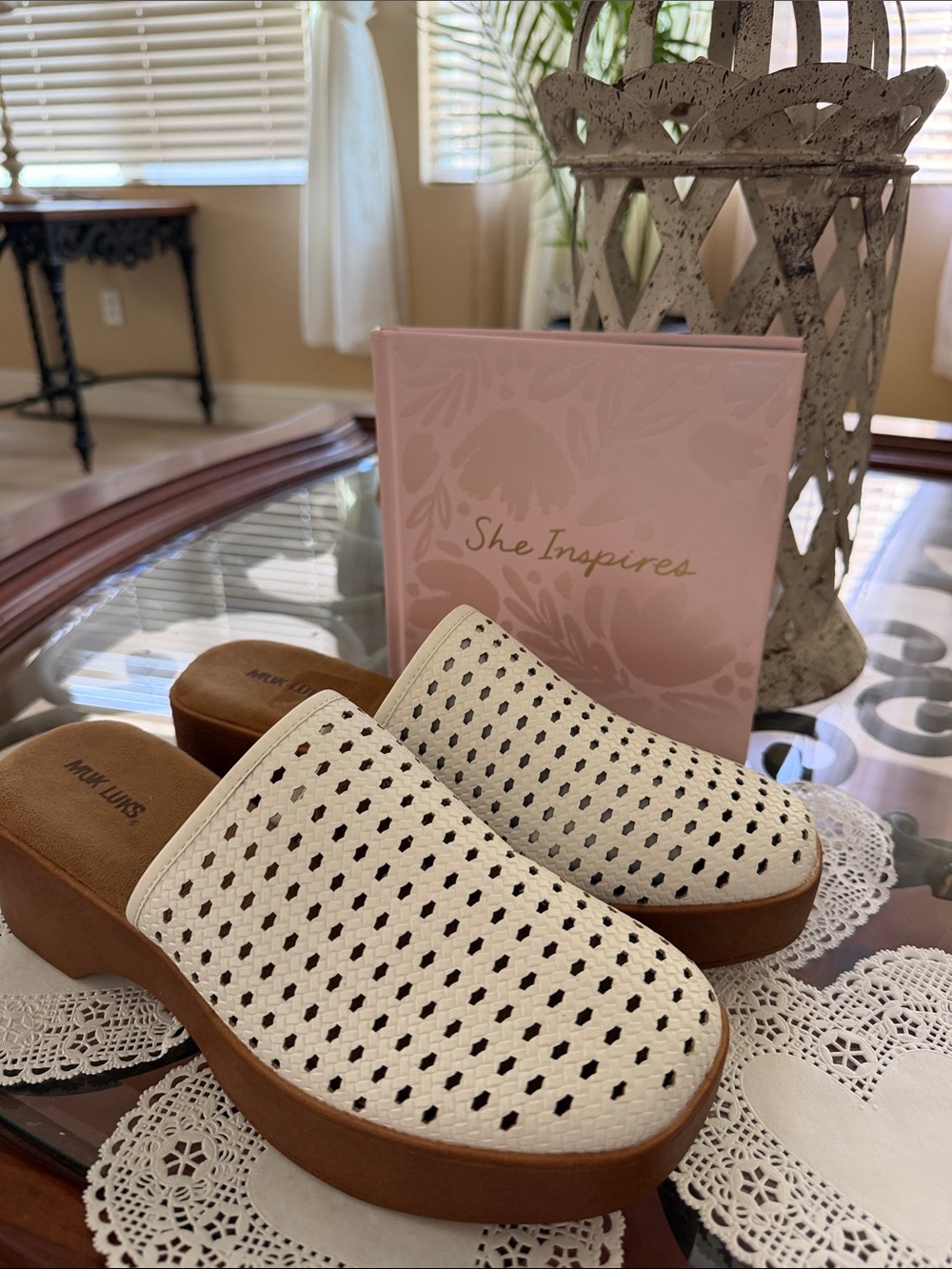 Muk Luks Cream Perforated Mule Clogs with Brown Platform